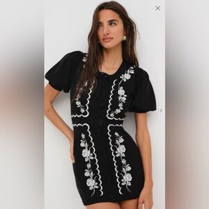 For Love And Lemons Josephina Knit Mini Dress with White Floral Embroidery